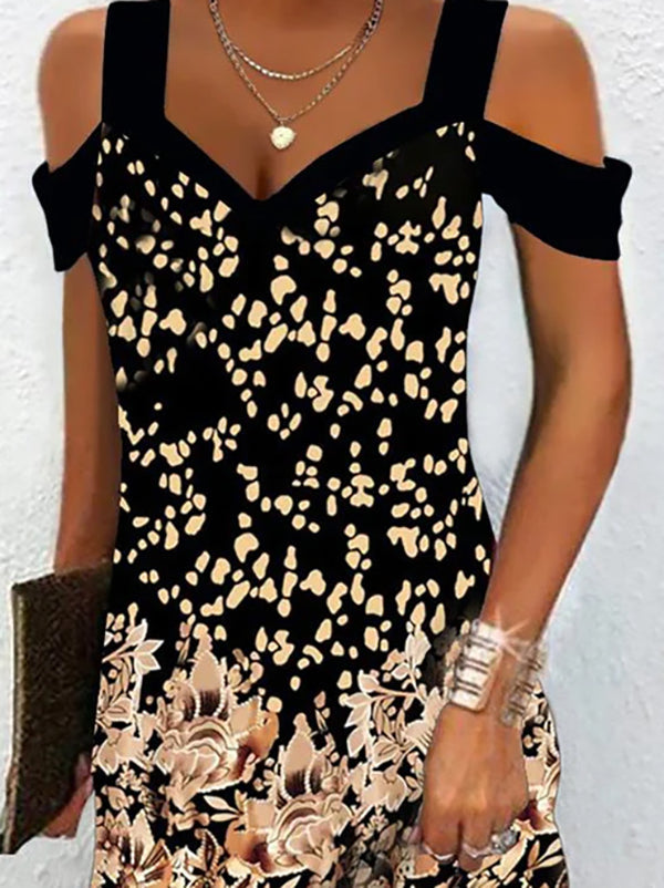 A-Line High Waisted Flower Print Hollow Cold Shoulder Mini Dresses