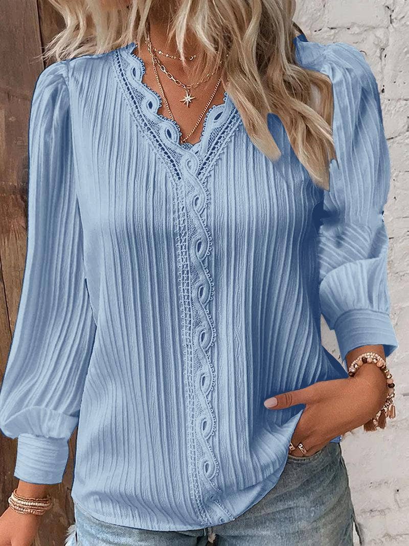 Autumn Long Sleeved V-neck Lace Patchwork Shirt