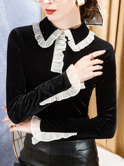 Long Sleeves Skinny Hollow Ruffled Peter Pan Collar T-Shirts Tops