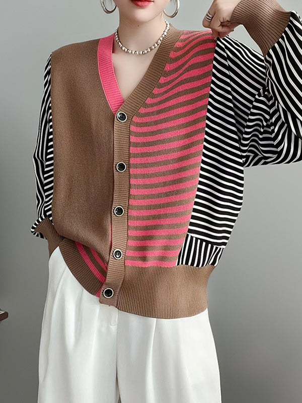 Long Sleeves Loose Buttoned Contrast Color Split-Joint Striped V-Neck Cardigan Tops Knitwear