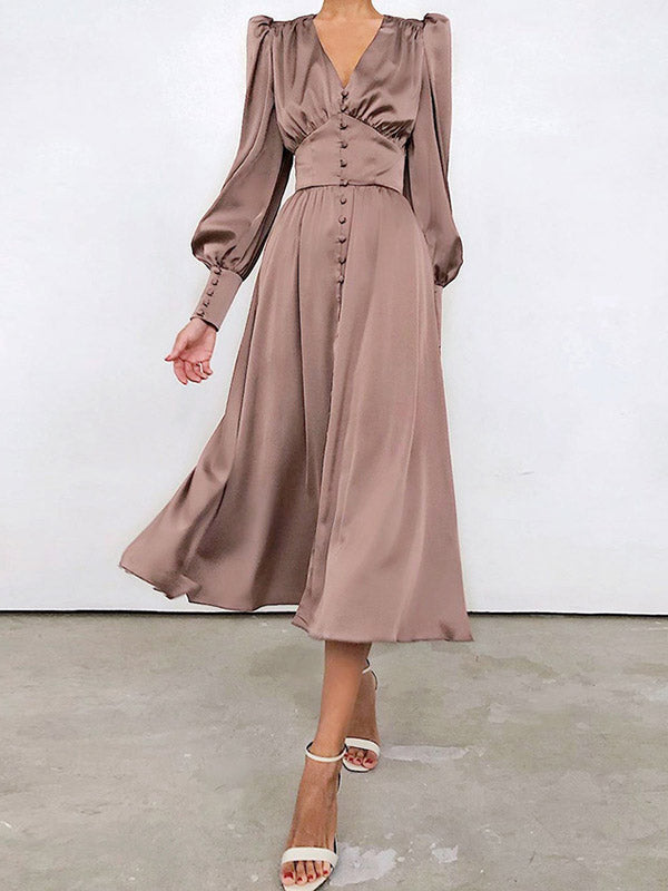 A-Line High Waisted Buttoned Pleated Solid Color V-Neck Midi Dresses