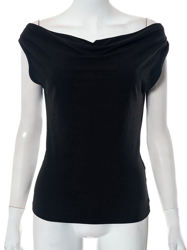 Skinny Sleeveless Backless Solid Color Split-Joint Tied Off-The-Shoulder T-Shirts Tops