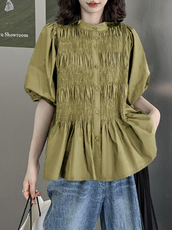 Loose Puff Sleeves Pleated Solid Color Round-Neck Blouses&Shirts Tops