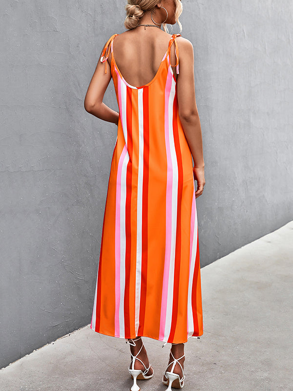 Loose Sleeveless Contrast Color Striped Tied U-Neck Midi Dresses Slip Dress