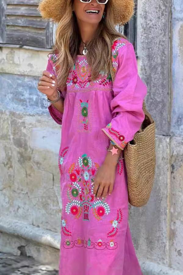 Printed Cotton and Linen Long-sleeved Dress