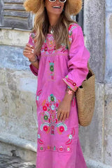 Printed Cotton and Linen Long-sleeved Dress