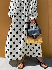 A-Line Long Sleeves Elasticity Polka-Dot Split-Joint Off-The-Shoulder Maxi Dresses