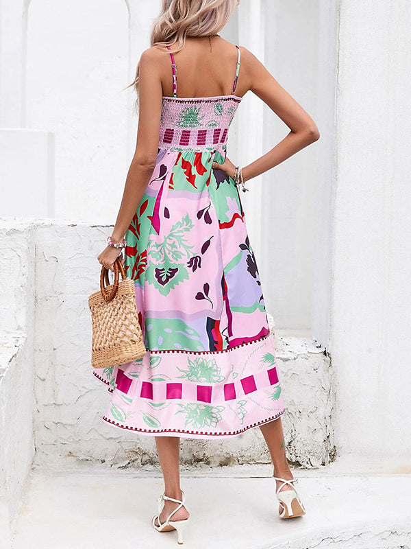 High Waisted Sleeveless Pleated Printed Split-Joint Collarless Midi Dresses Slip Dress