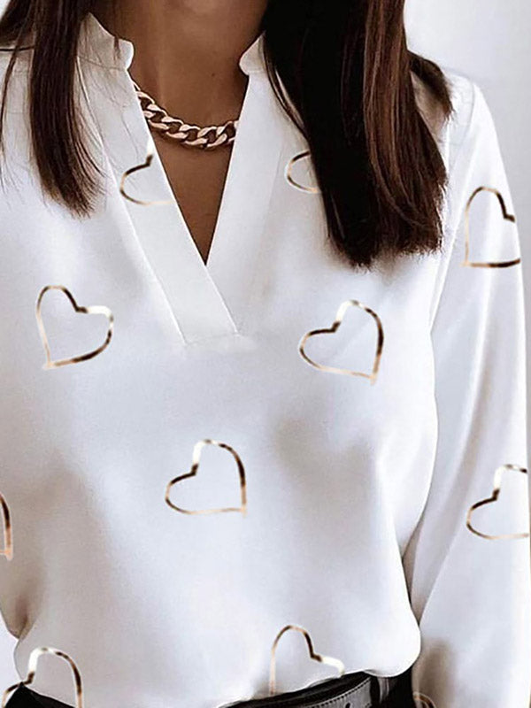 Long Sleeves Loose Heart Print V-Neck Blouses&Shirts Tops