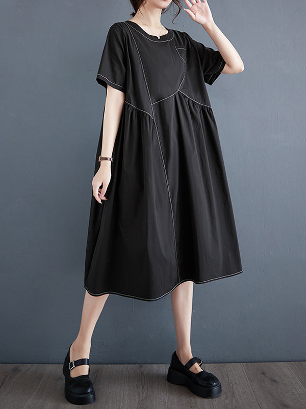 A-Line Loose Asymmetric Pleated Pockets Solid Color Split-Joint Round-Neck Midi Dresses