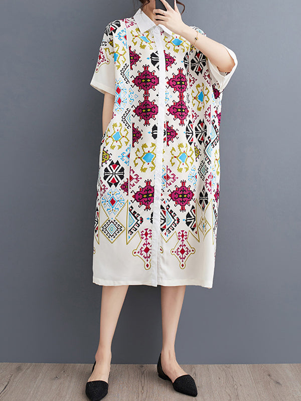 A-Line Loose Buttoned Printed Lapel Midi Dresses