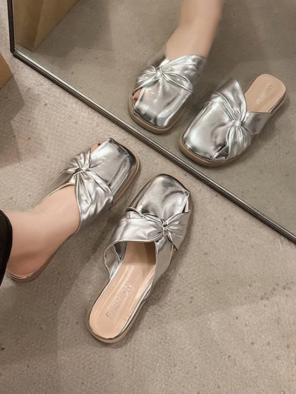 Hollow Pleated Shiny Split-Joint Square-Toe Slippers&Mules