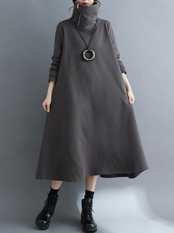 A-Line Long Sleeves Asymmetric Solid Color Zipper High Neck Midi Dresses