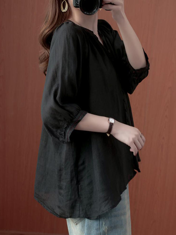 Simple Casual Solid Buttoned Pleated Blouse