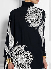 Batwing Sleeves Loose Asymmetric Floral Printed Split-Joint High Neck T-Shirts