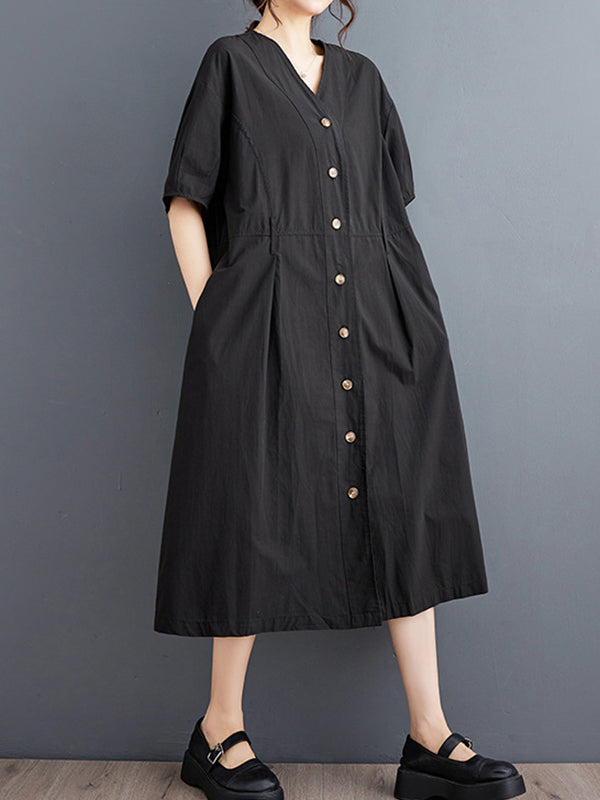 A-Line Loose Buttoned Pockets Solid Color V-Neck Midi Dresses