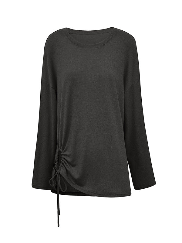 Long Sleeves Loose Asymmetric Drawstring Hollow Solid Color Round-Neck T-Shirts Tops