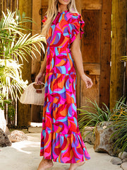 A-Line High Waisted Pleated Printed Split-Joint Round-Neck Maxi Dresses