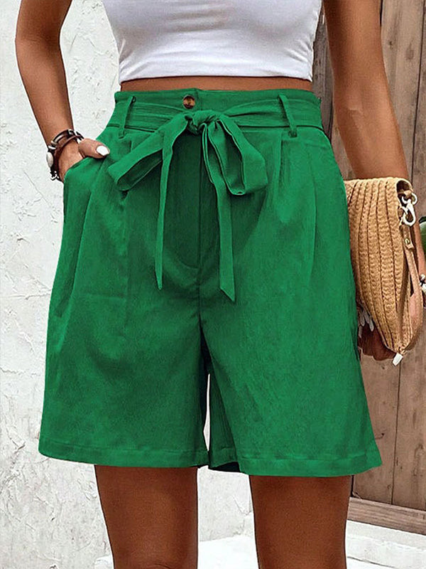 High Waisted Loose Buttoned Elasticity Pleated Pockets Tied Waist Shorts Bottoms