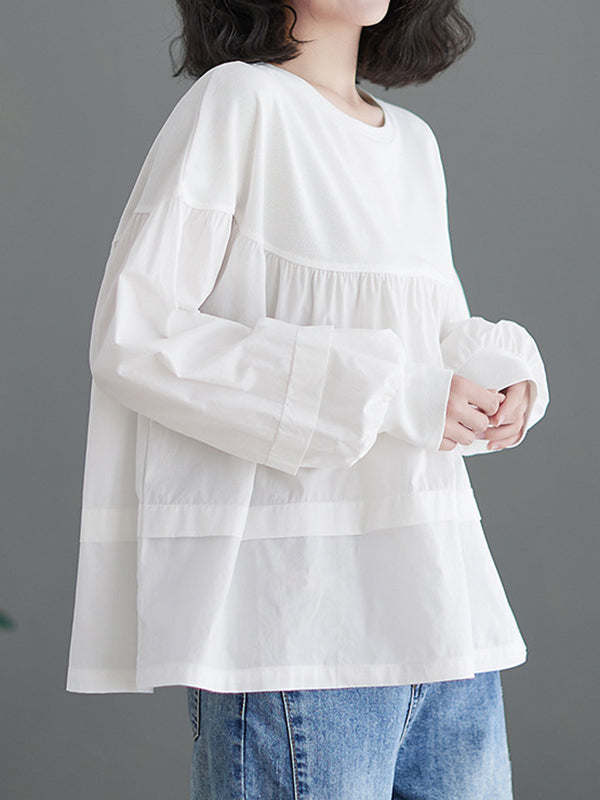 A-Line Long Sleeves Pleated Split-Joint Round-Neck T-Shirts Tops