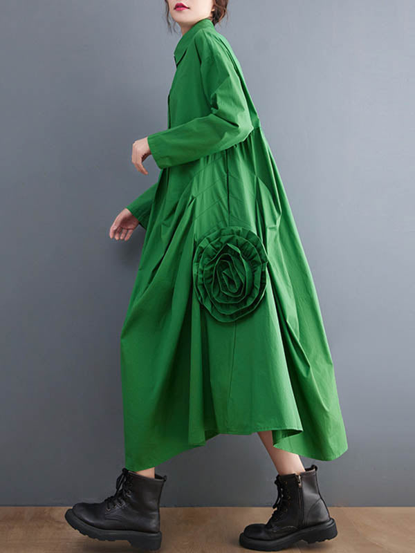 Urban Floral Applique Pleated Long Sleeves Shirt Dress Midi Dress