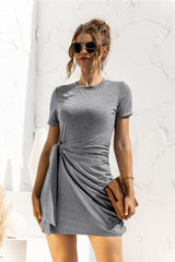 Spring Summer Women Clothing Short Sleeve round Neck Irregular Asymmetric Lace up All-Matching Slim Fit Dress