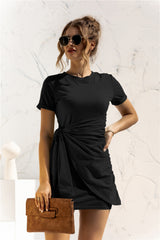 Spring Summer Women Clothing Short Sleeve round Neck Irregular Asymmetric Lace up All-Matching Slim Fit Dress