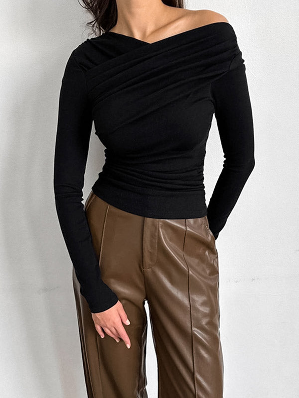 Long Sleeves Skinny Asymmetric Solid Color Asymmetric Collar T-Shirts Tops