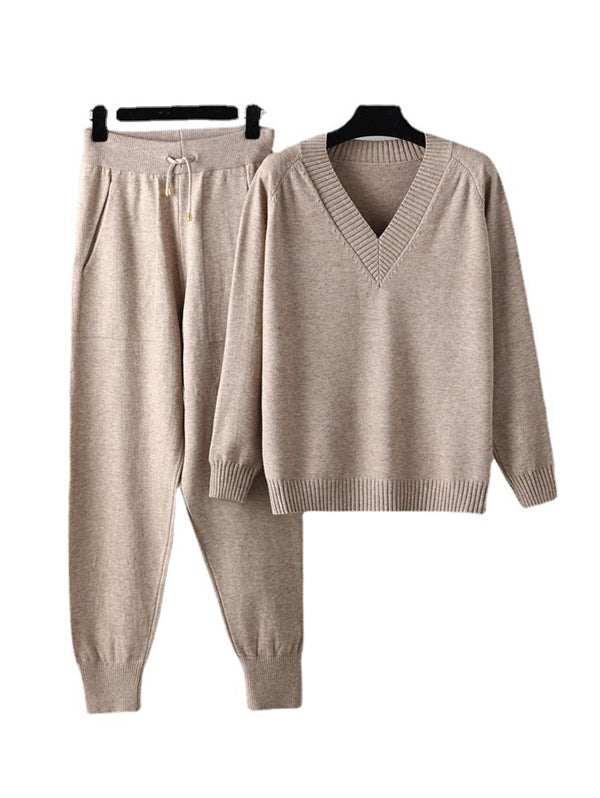 Casual Loose Harem Pants Solid Color V-Neck Sweater Tops Pants Two Pieces Set