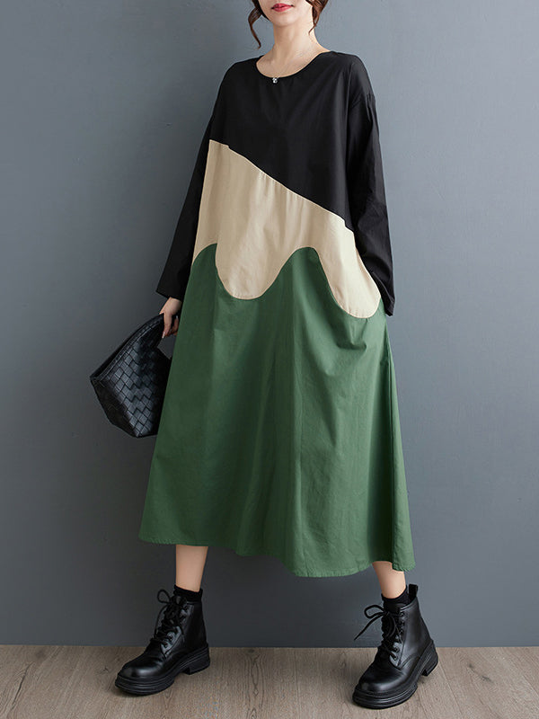 A-Line Long Sleeves Asymmetric Contrast Color Split-Joint Round-Neck Midi Dresses