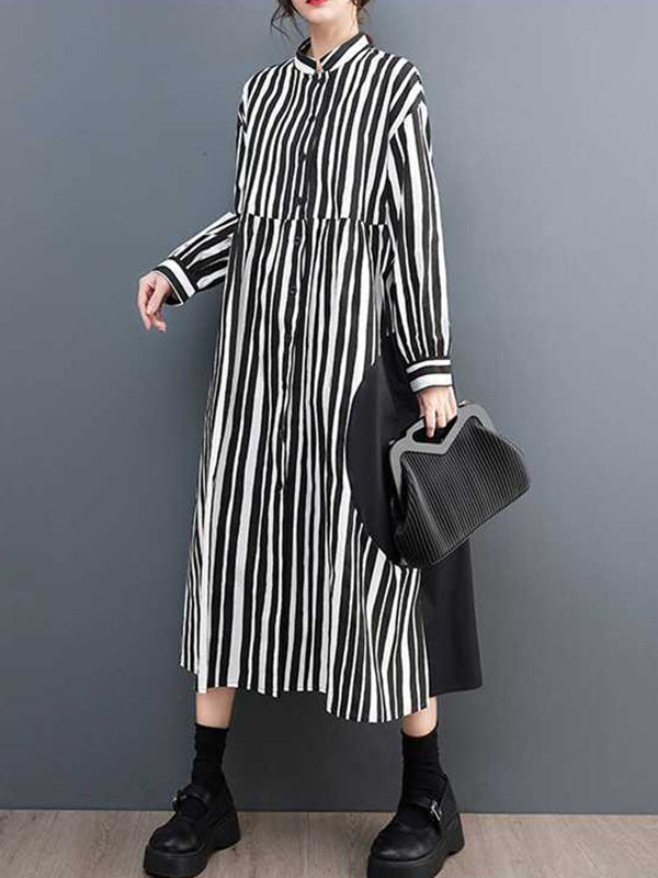 Long Sleeves Loose Buttoned Split-Joint Striped Mock Neck Midi Dresses