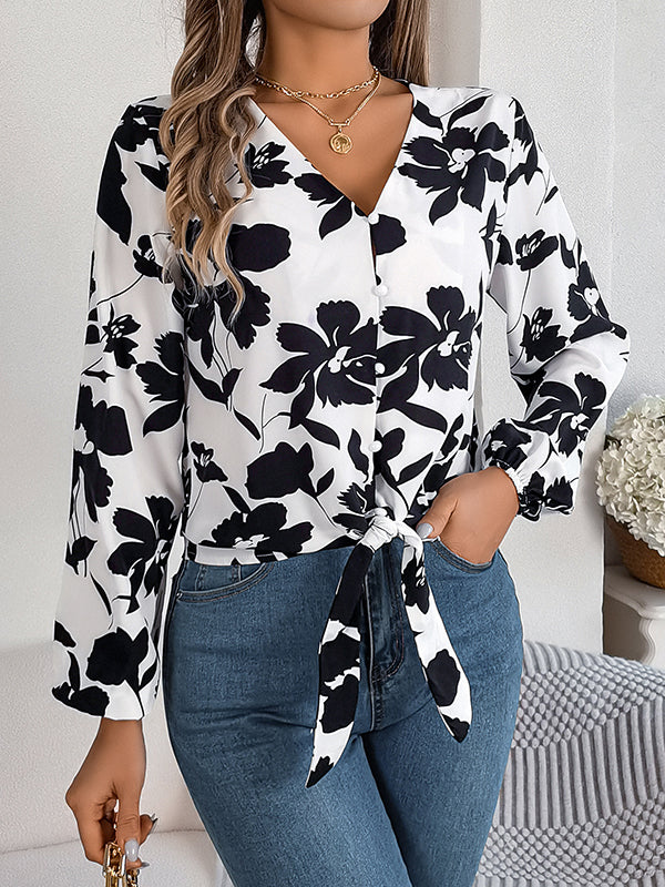 Long Sleeves Loose Buttoned Elasticity Flower Print Tied V-Neck Blouses&Shirts Tops