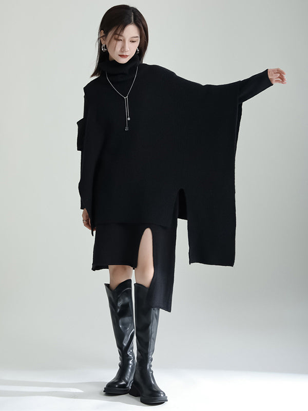 Casual Long Sleeves Loose Solid Color High-Neck Shawl&Sweater Dresses Two Pieces Set