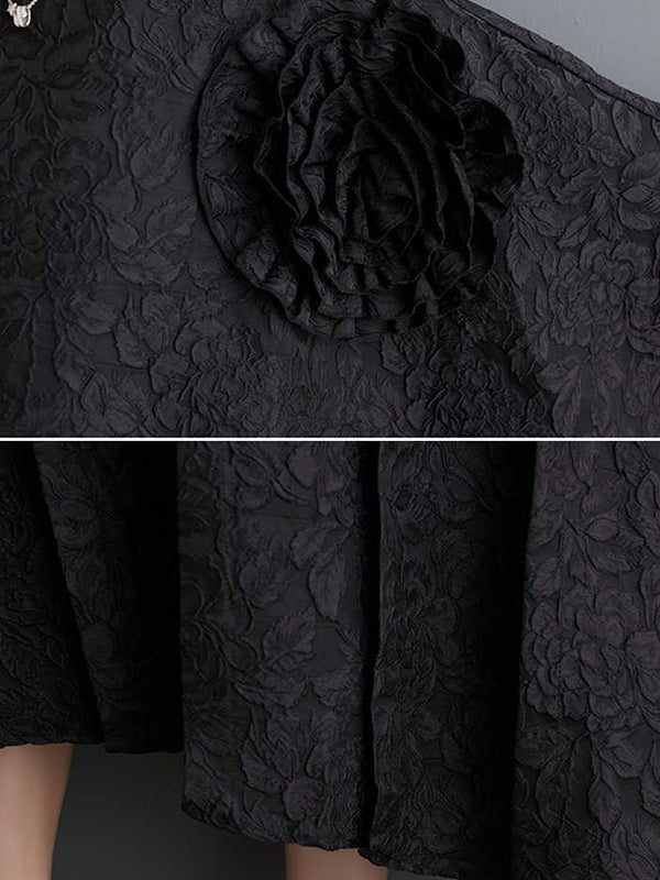 Batwing Sleeves Loose Asymmetric Flower Shape Gauze Jacquard Pleated Solid Color Split-Joint Round-Neck Midi Dresses