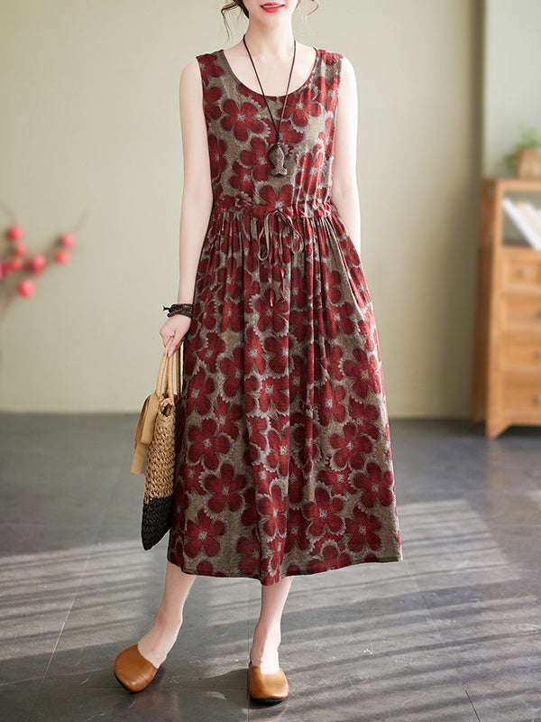 Loose Oversize Drawstring Floral Printed Round-Neck Midi Dresses