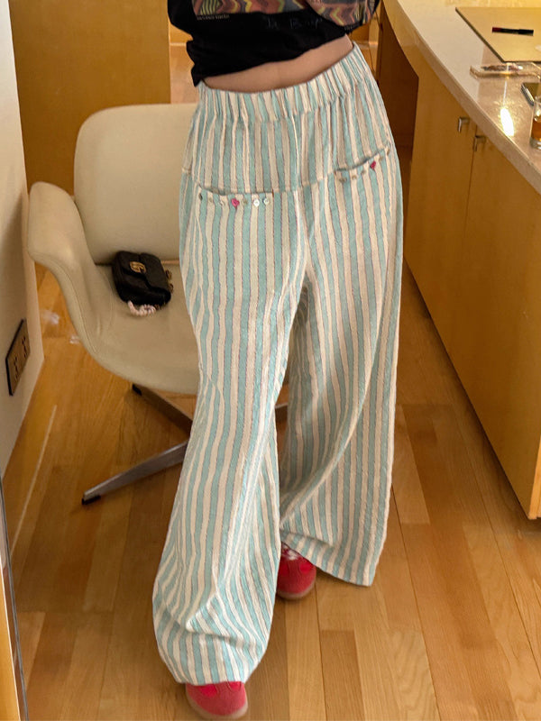 High Waisted Loose Split-Joint Striped Pants Trousers