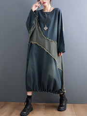 Original Loose Denim Contrast Color Round-Neck Long Sleeves Midi Dress