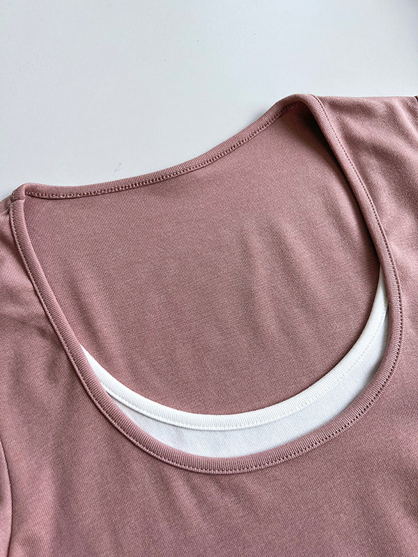 False Two Long Sleeves Contrast Color Round-Neck T-Shirts Tops