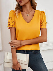 Loose Short Sleeves Hollow Solid Color Split-Joint V-Neck T-Shirts Tops