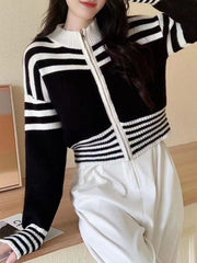 Long Sleeves Contrast Color Striped Zipper Mock Neck Cardigan Tops