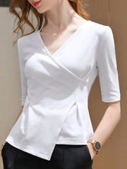 Half Sleeves Asymmetric Skinny Solid Color V-Neck T-Shirts Tops