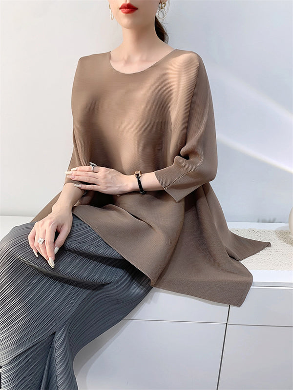 High-Low Loose Pleated Solid Color Split-Side Round-Neck T-Shirts Tops