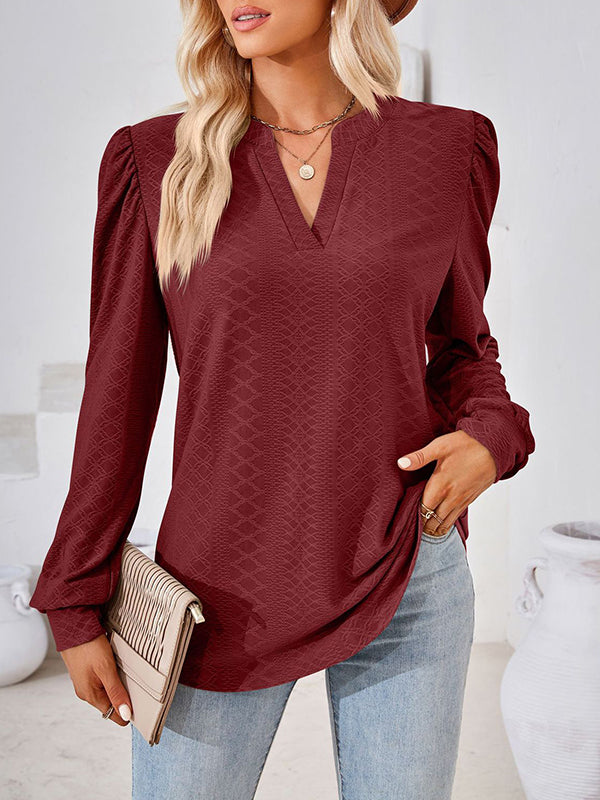 Long Sleeves Loose Jacquard Solid Color V-neck T-Shirts Tops