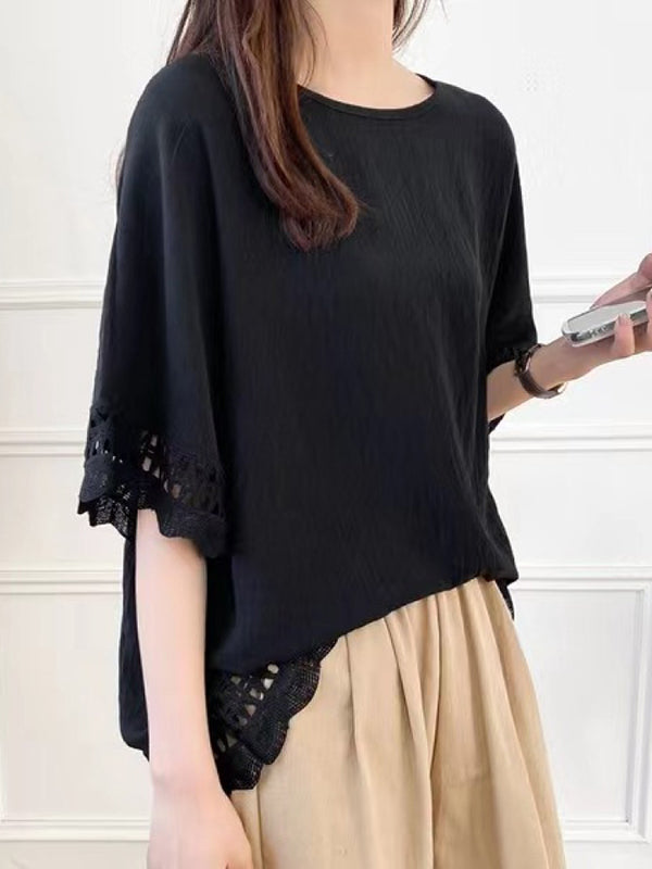 Flared Sleeves Half Sleeves Hollow Solid Color Round-Neck T-Shirts Tops