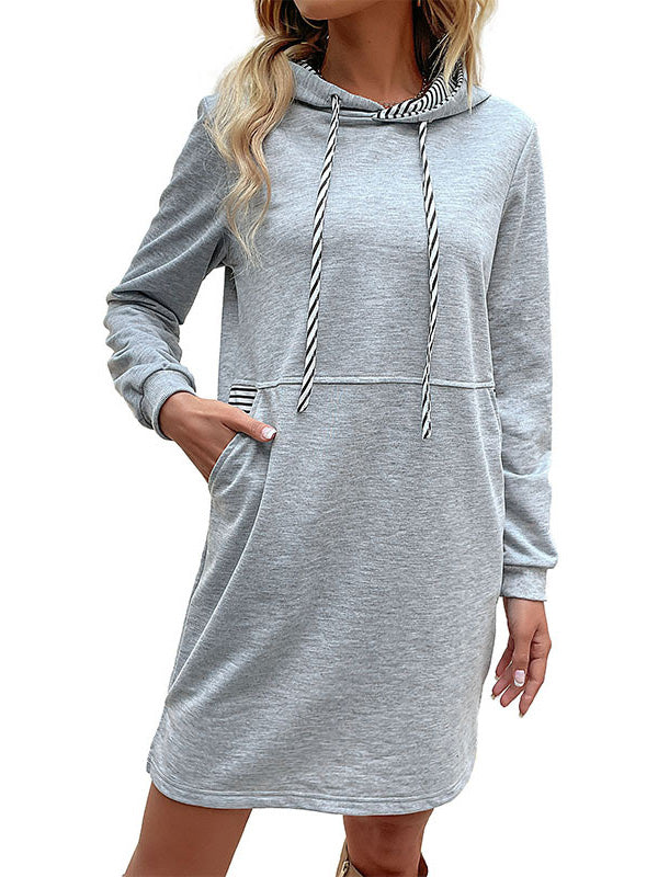 A-line Long Sleeves Drawstring Pockets Hooded Hoodies Tops Mini Dresses