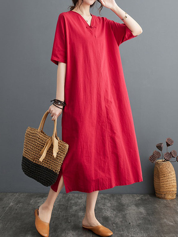 A-Line Loose Chinese Frog Buttons Pockets Solid Color Split-Side V-Neck Midi Dresses