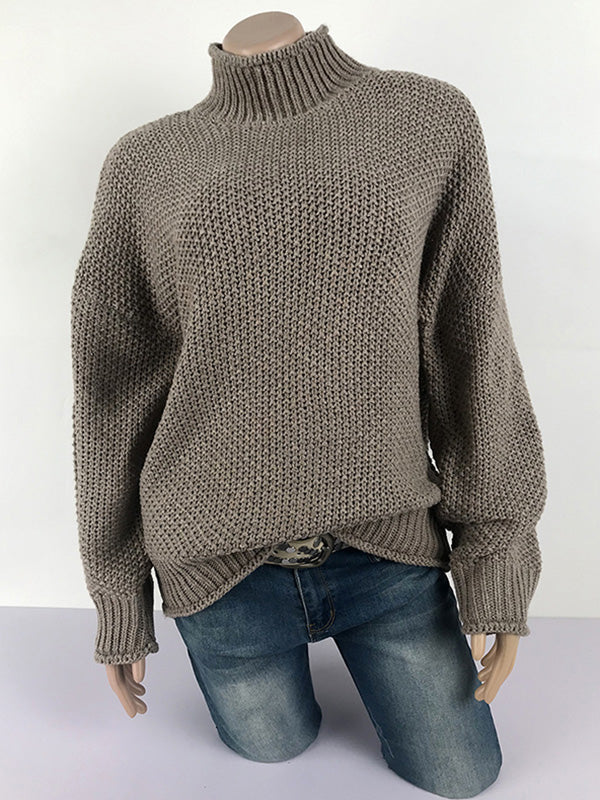 Casual Long Sleeves Solid Color High-Neck Sweater Tops