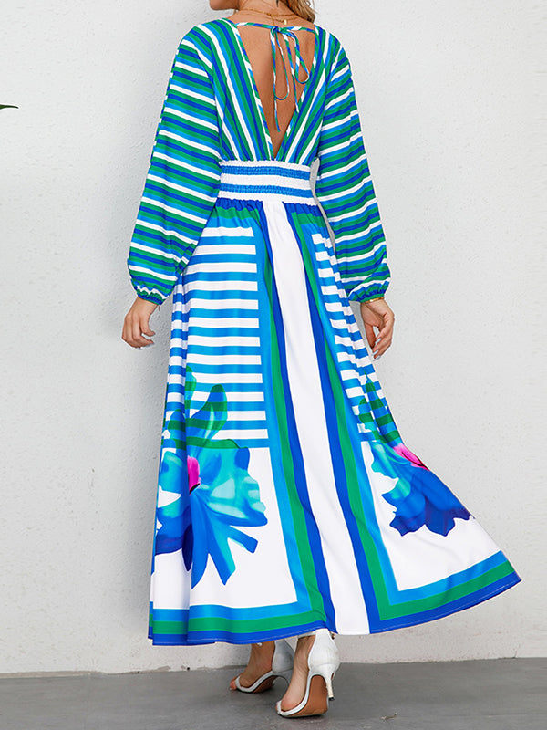 A-Line Long Sleeves Backless Elasticity Flower Print Split-Joint Striped Tied V-Neck Maxi Dresses