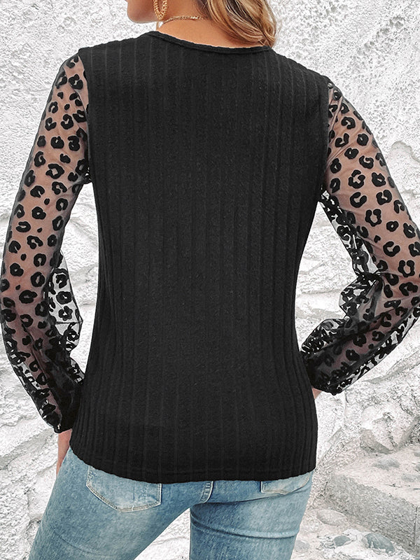 Long Sleeves Loose Elasticity Leopard Mesh Split-Joint V-Neck T-Shirts Tops