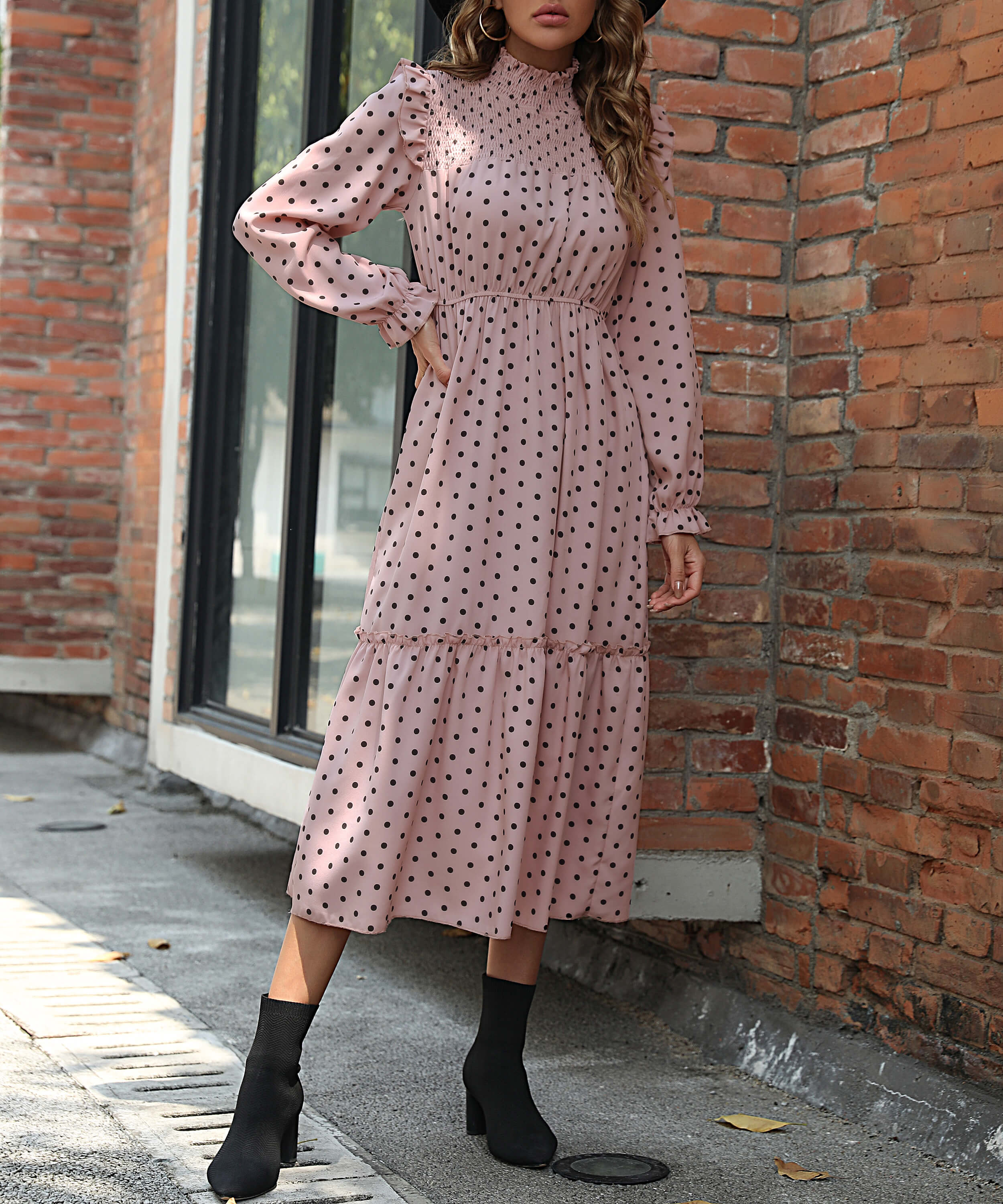 Amalia Polka Dot Smocked Cap Shoulder Maxi Dress - Dusty Pink